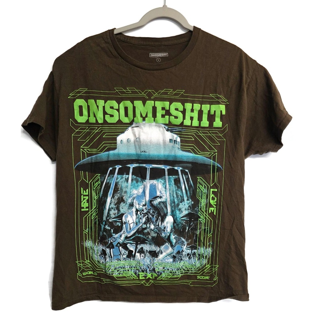 ONSOMESHIT Mens Large Brown UFO Alien Graphic Tee Sci-Fi Streetwear T-Shirt